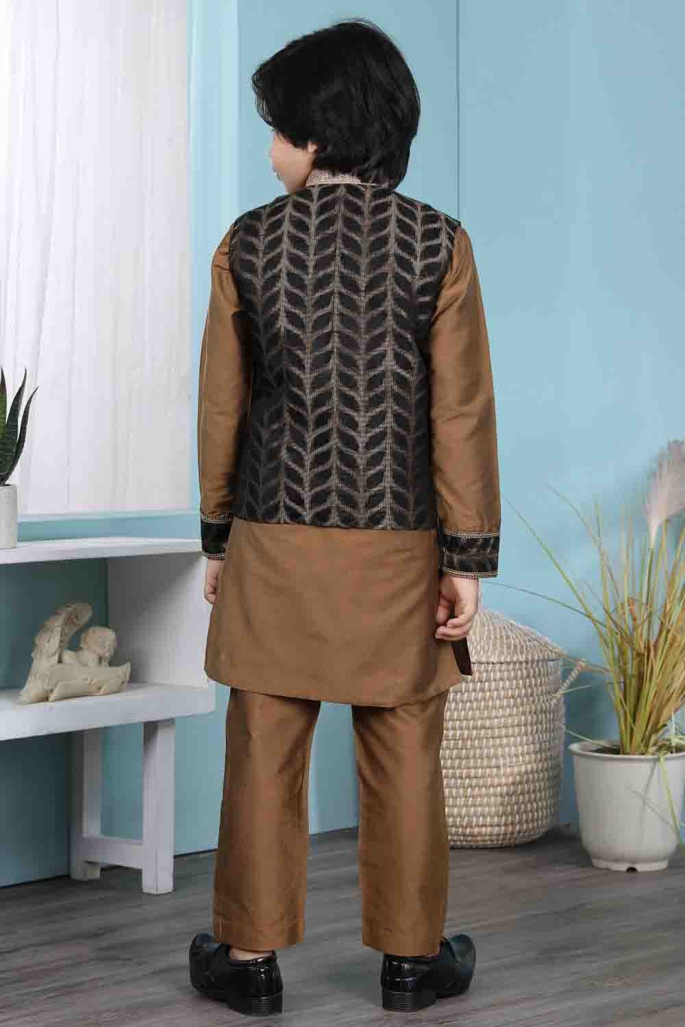 Brown and Black Colour Cotton Silk Kurta Pajama With Jacket BW1070104 C