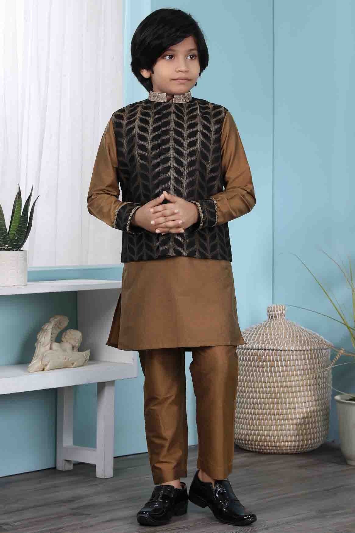 Brown and Black Colour Cotton Silk Kurta Pajama With Jacket BW1070104