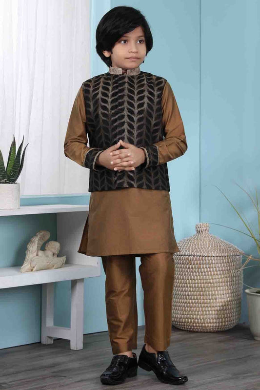Brown and Black Colour Cotton Silk Kurta Pajama With Jacket BW1070104