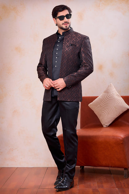 Brown and Black Colour Thread Work Embroidery Jacquard Jodhpuri
