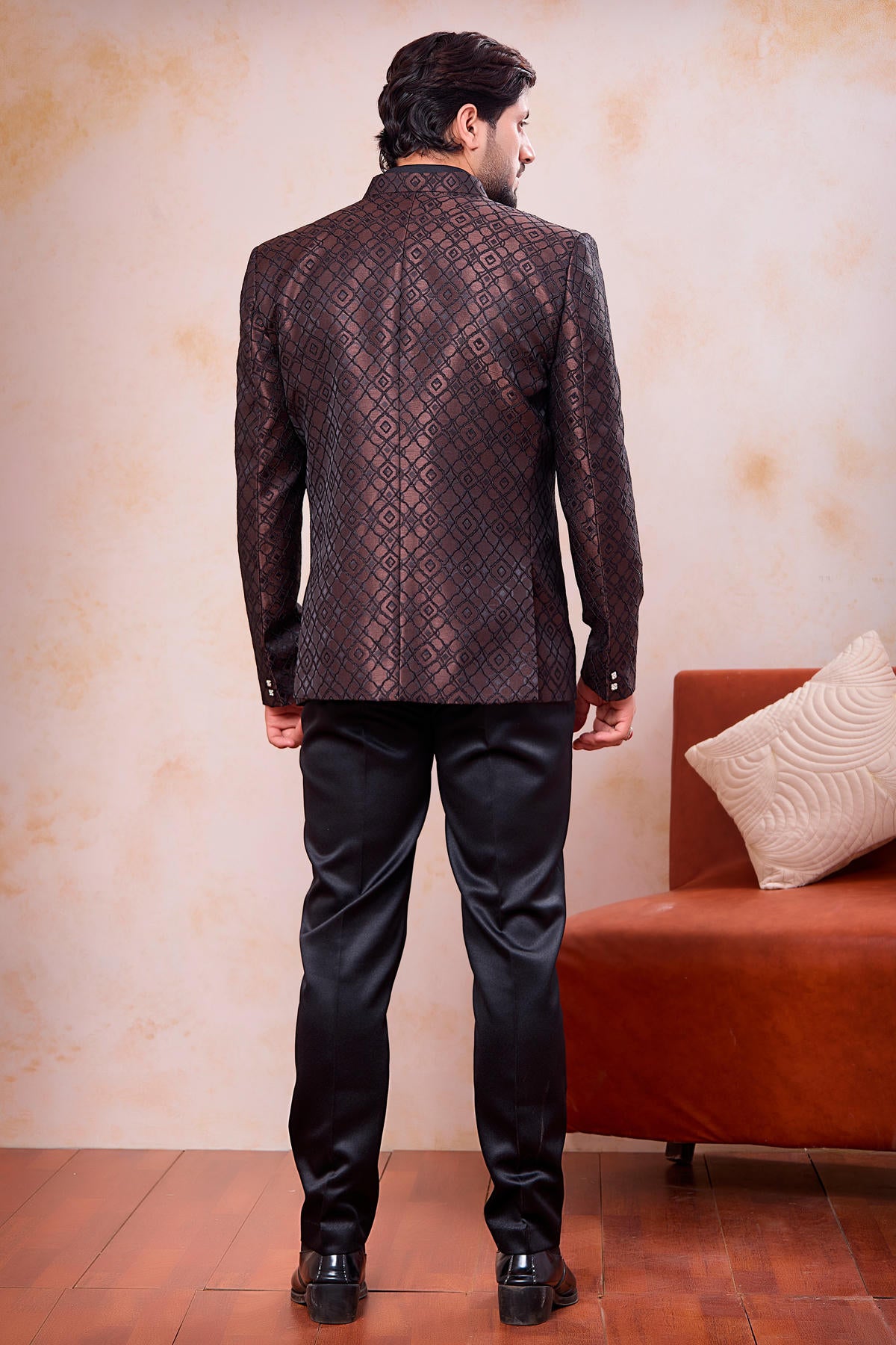 Brown and Black Colour Thread Work Embroidery Jacquard Jodhpuri