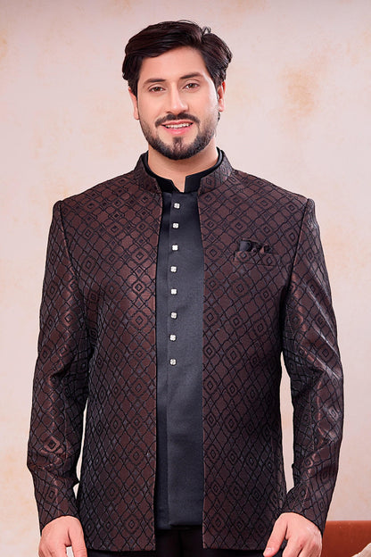 Brown and Black Colour Thread Work Embroidery Jacquard Jodhpuri