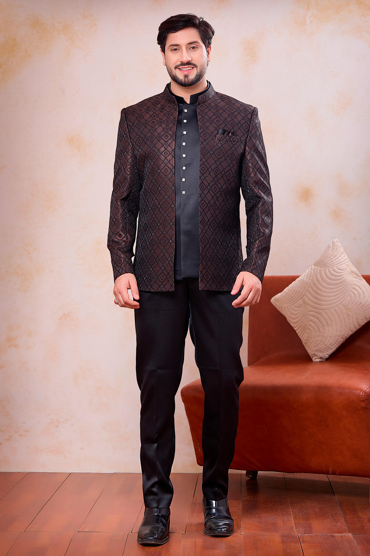 Brown and Black Colour Thread Work Embroidery Jacquard Jodhpuri