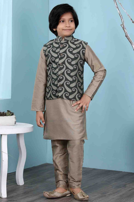 Brown and Green Colour Handloom Silk Kurta Pajama With Jacket BW1070114