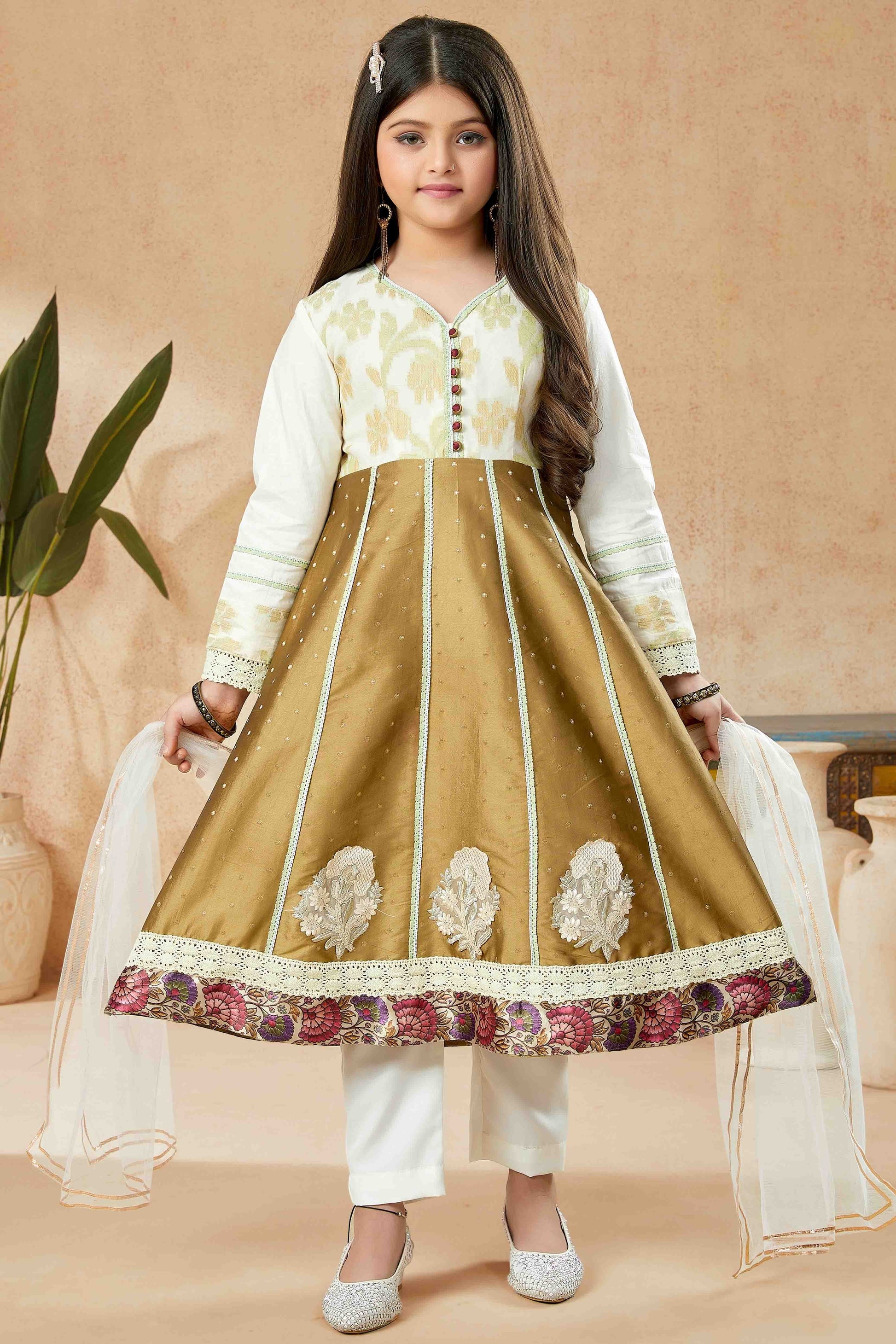 Brown and Off White Colour Handloom Silk Pant Style Suit GW1070780