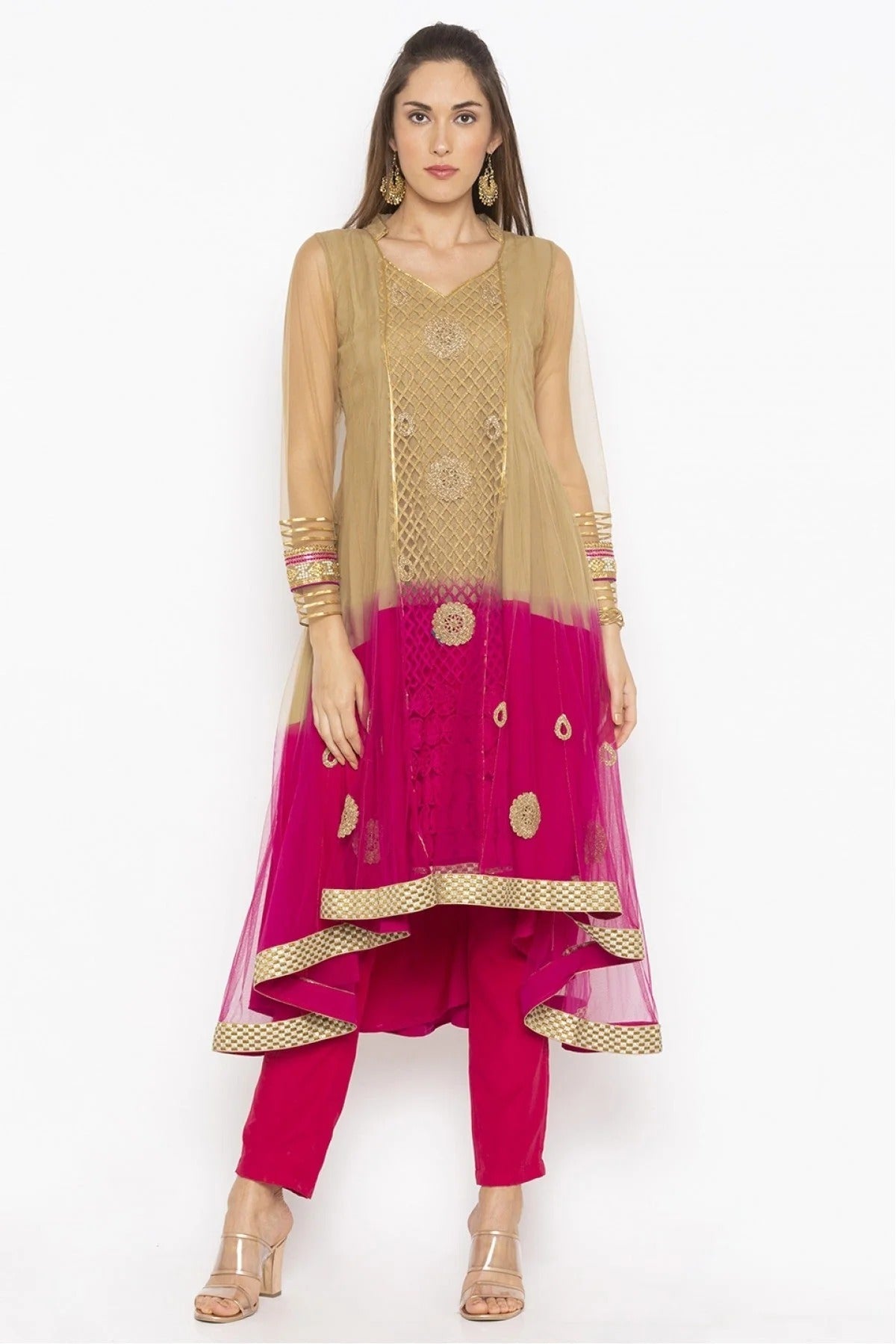 Brown and Pink Colour Plus Size Net Embroidery Kurta Set KR1070461