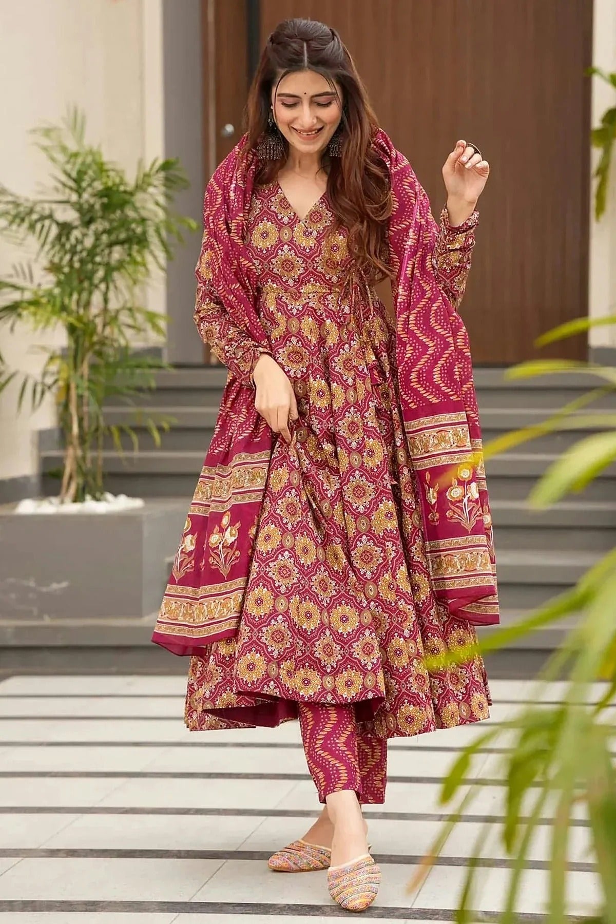 Burgundy Colour Printed Muslin Stitched Suit SS1112464