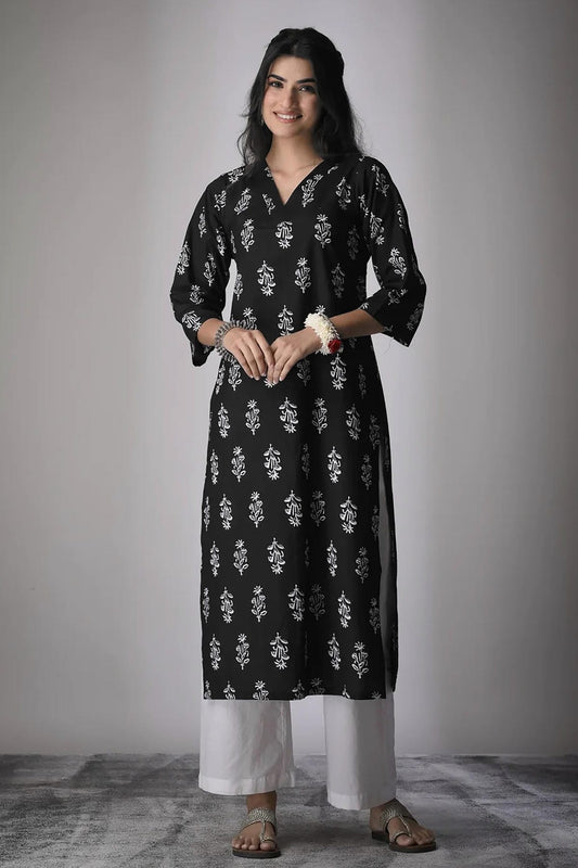 Cambric Cotton Digtial Printed Stitched Kurti In Black Colour