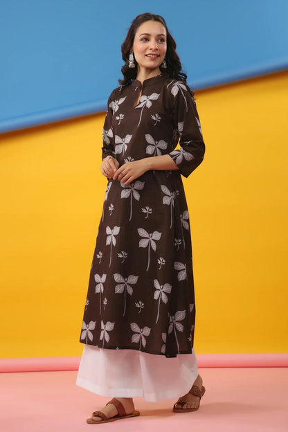 Cambric Cotton Digtial Printed Stitched Kurti In Coffee Colour