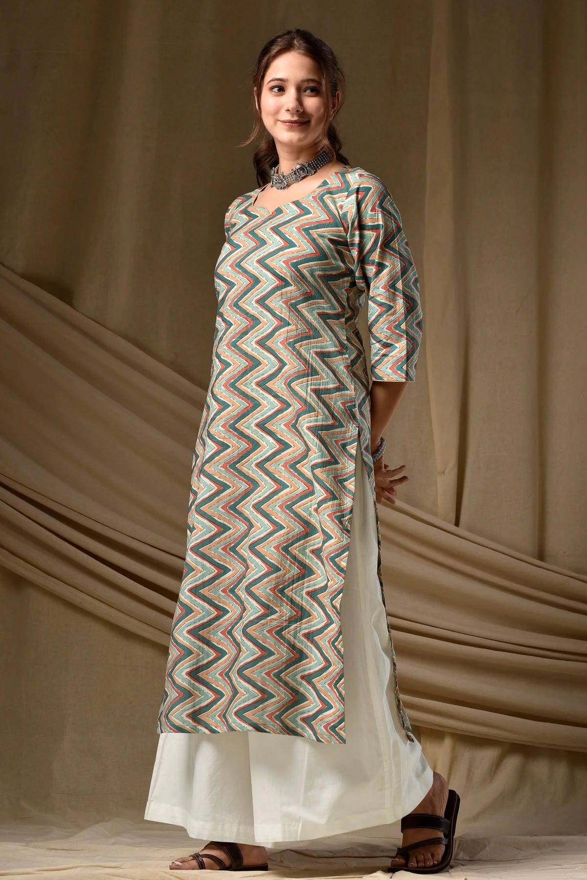 Cambric Cotton Digtial Printed Stitched Kurti In Green Colour