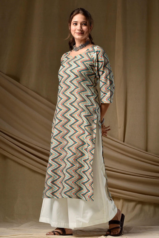 Cambric Cotton Digtial Printed Stitched Kurti In Green Colour