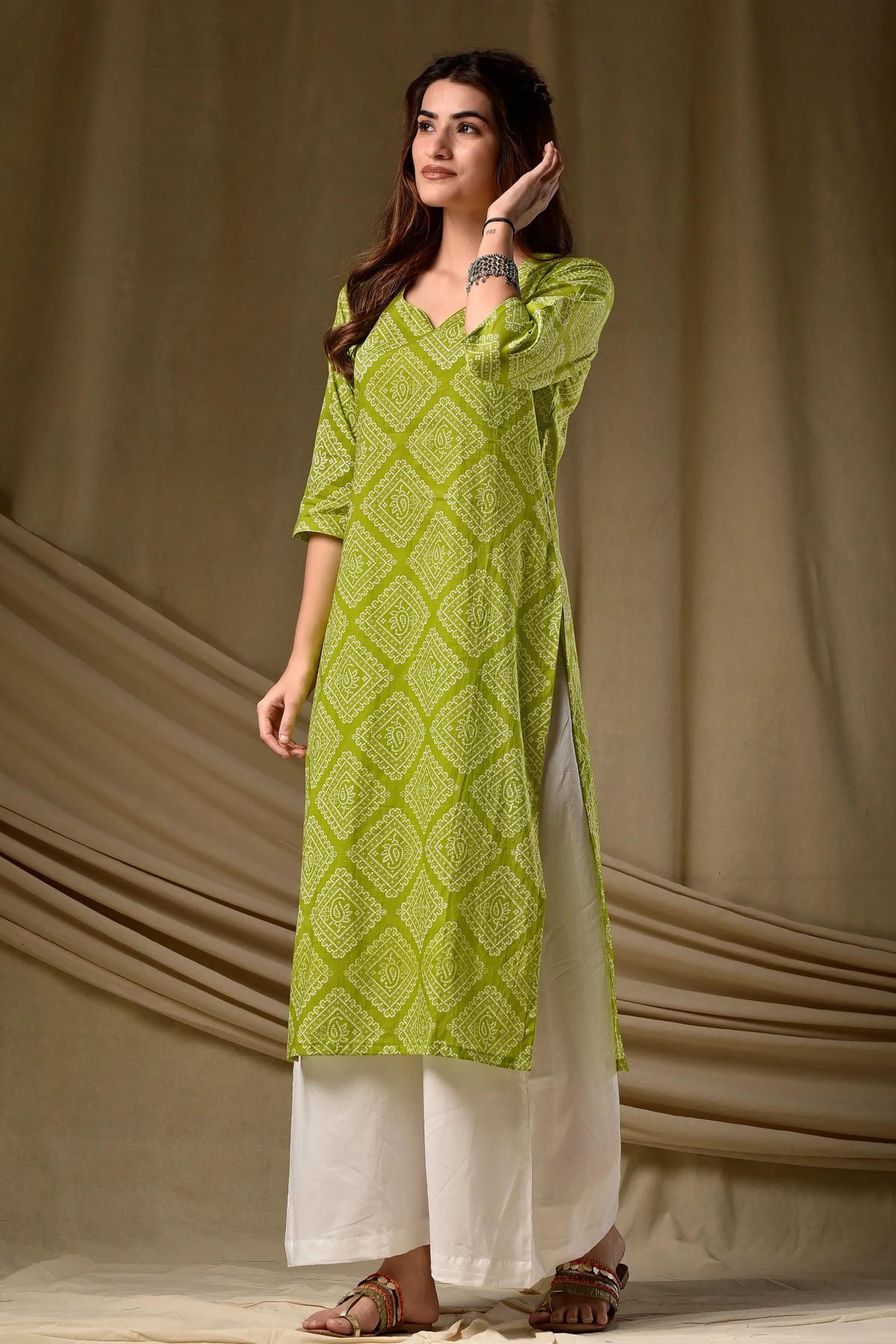 Cambric Cotton Digtial Printed Stitched Kurti In Mahendi Colour