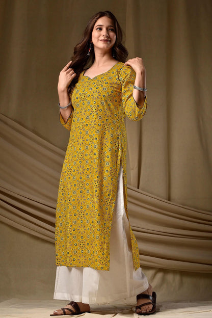 Cambric Cotton Digtial Printed Stitched Kurti In Mustard Colour
