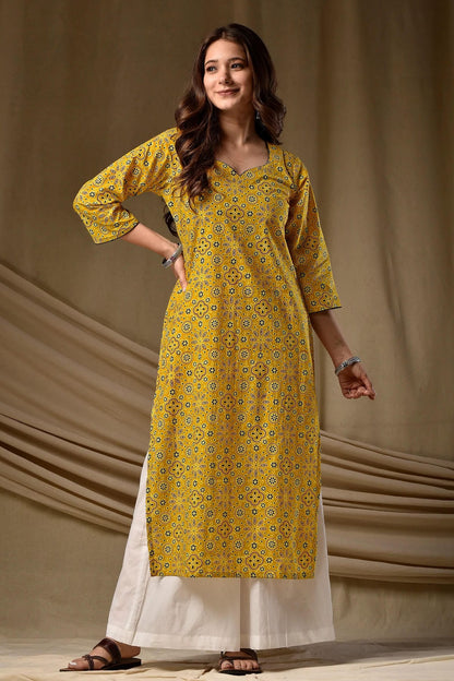 Cambric Cotton Digtial Printed Stitched Kurti In Mustard Colour