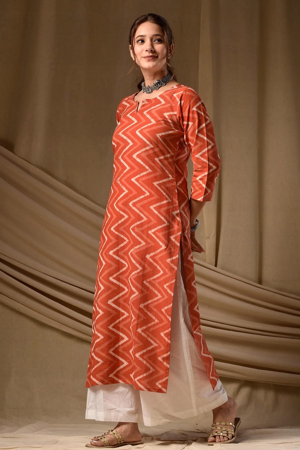 Cambric Cotton Digtial Printed Stitched Kurti In Rust Colour