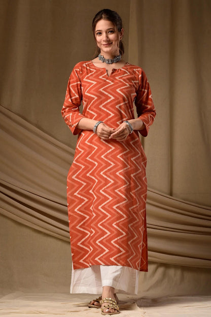 Cambric Cotton Digtial Printed Stitched Kurti In Rust Colour