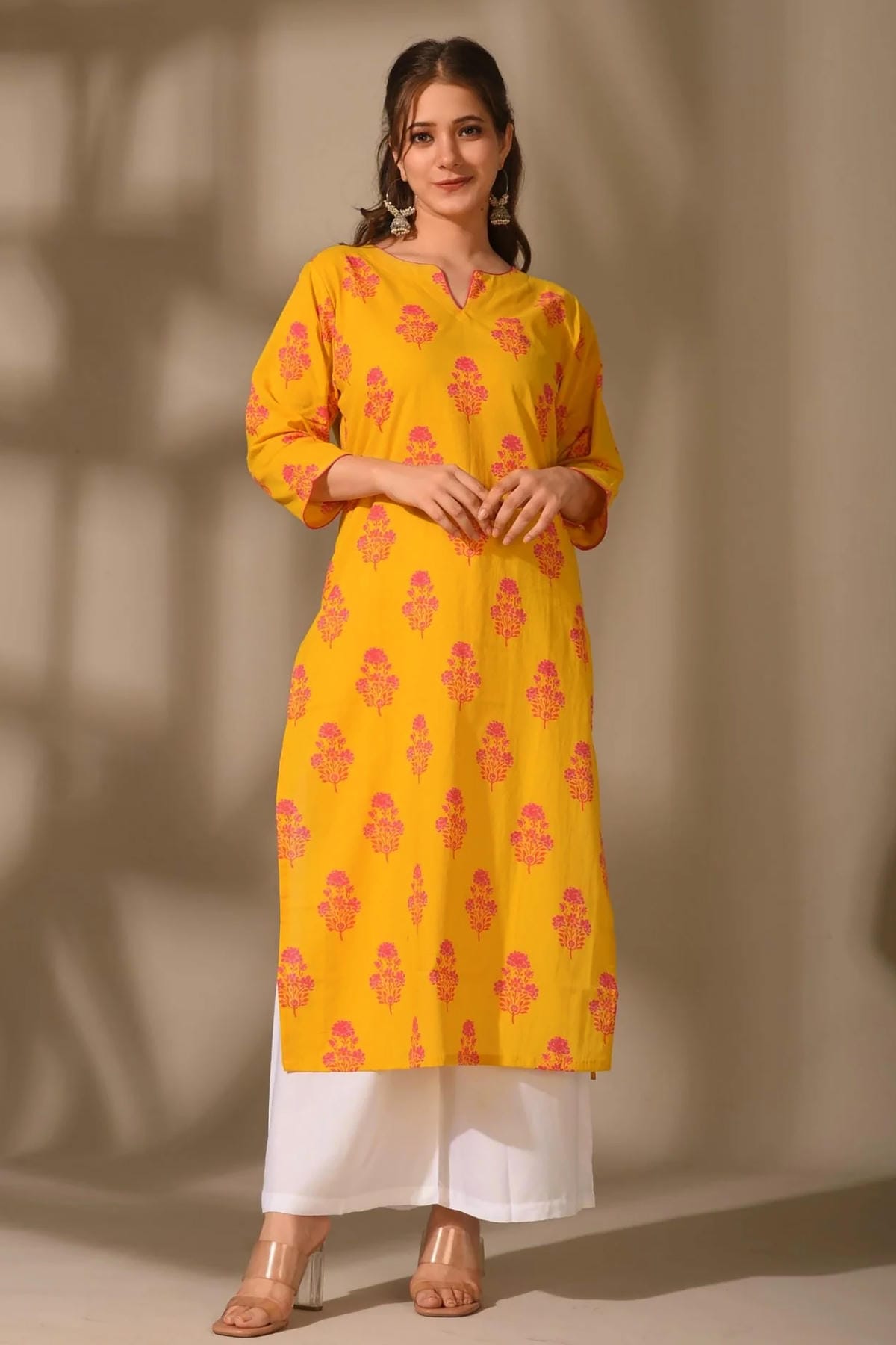 Cambric Cotton Digtial Printed Stitched Kurti In Yellow Colour