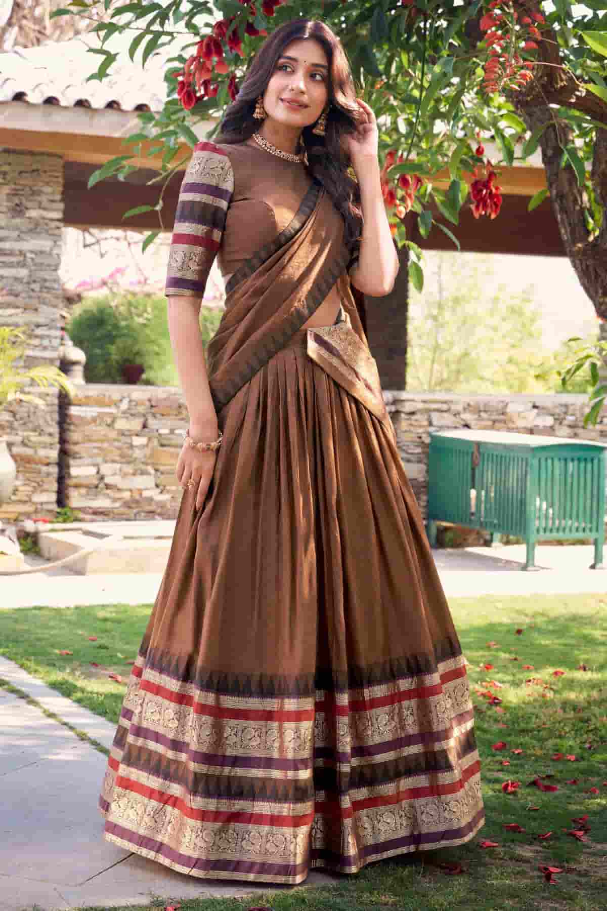 Chanderi Silk Zari Woven Work Lehenga Choli In Brown Colour
