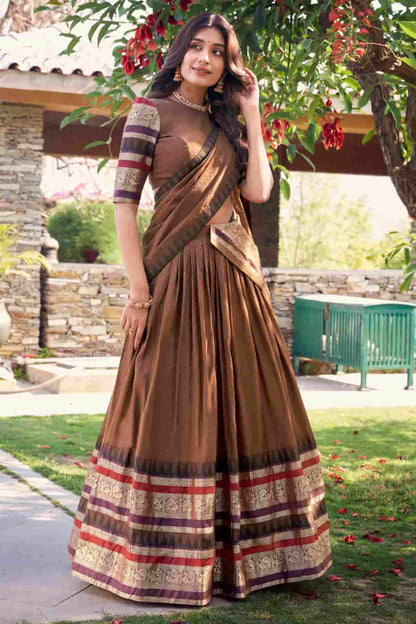 Chanderi Silk Zari Woven Work Lehenga Choli In Brown Colour
