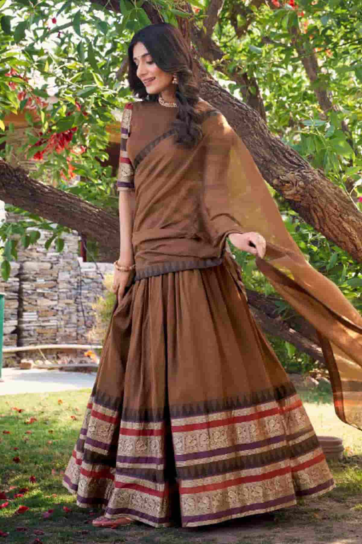 Chanderi Silk Zari Woven Work Lehenga Choli In Brown Colour