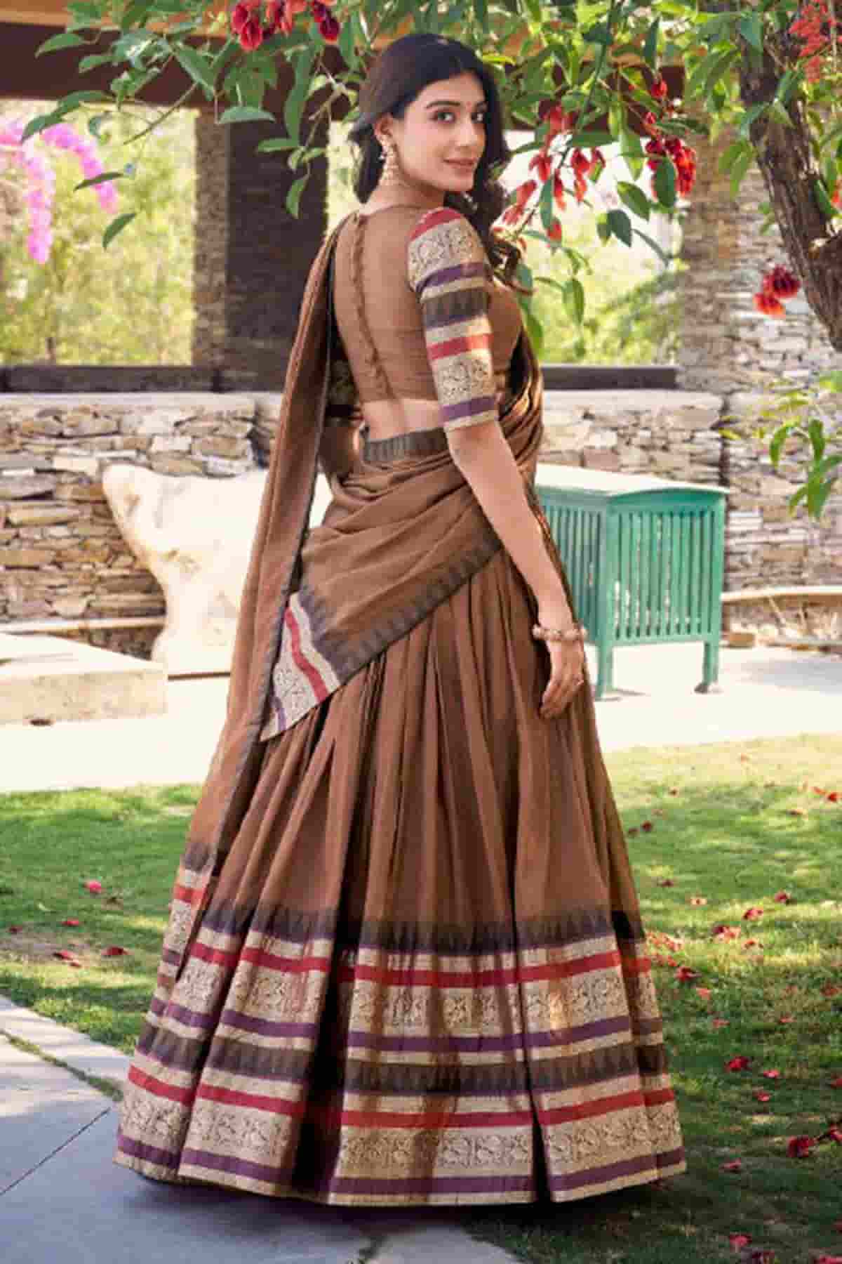 Chanderi Silk Zari Woven Work Lehenga Choli In Brown Colour