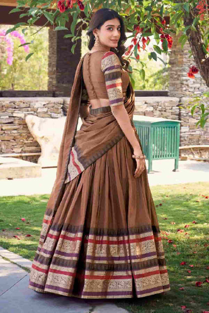 Chanderi Silk Zari Woven Work Lehenga Choli In Brown Colour