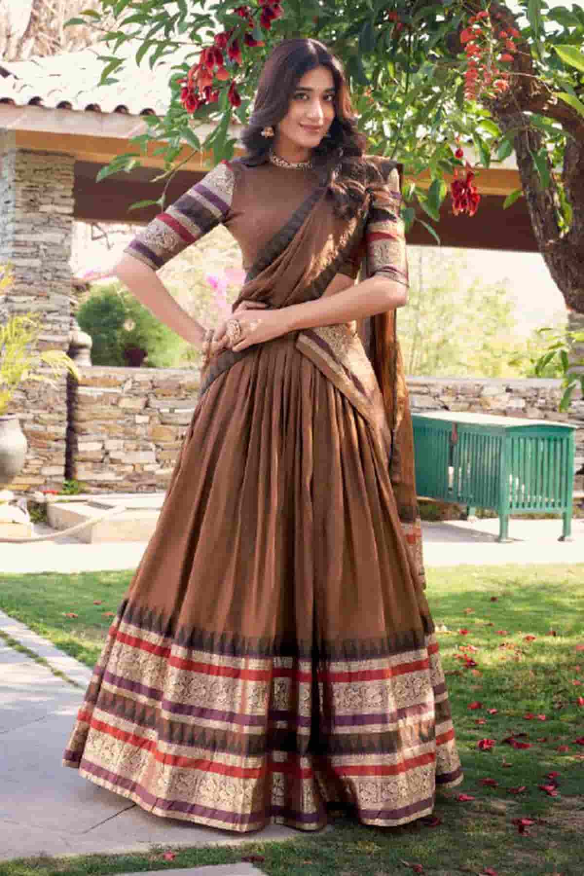 Chanderi Silk Zari Woven Work Lehenga Choli In Brown Colour