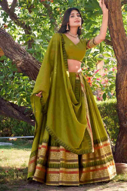 Chanderi Silk Zari Woven Work Lehenga Choli In Mehendi Green Colour