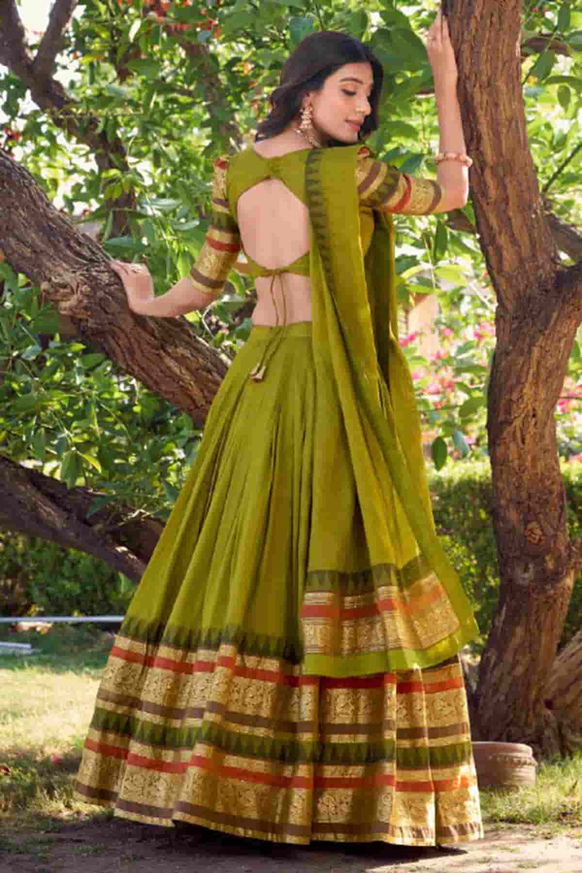 Chanderi Silk Zari Woven Work Lehenga Choli In Mehendi Green Colour