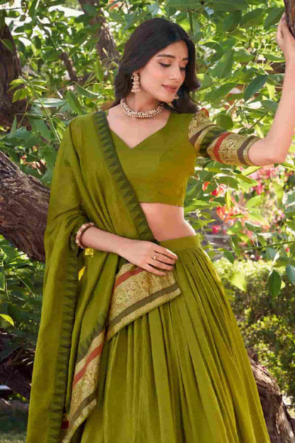 Chanderi Silk Zari Woven Work Lehenga Choli In Mehendi Green Colour
