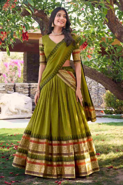 Chanderi Silk Zari Woven Work Lehenga Choli In Mehendi Green Colour