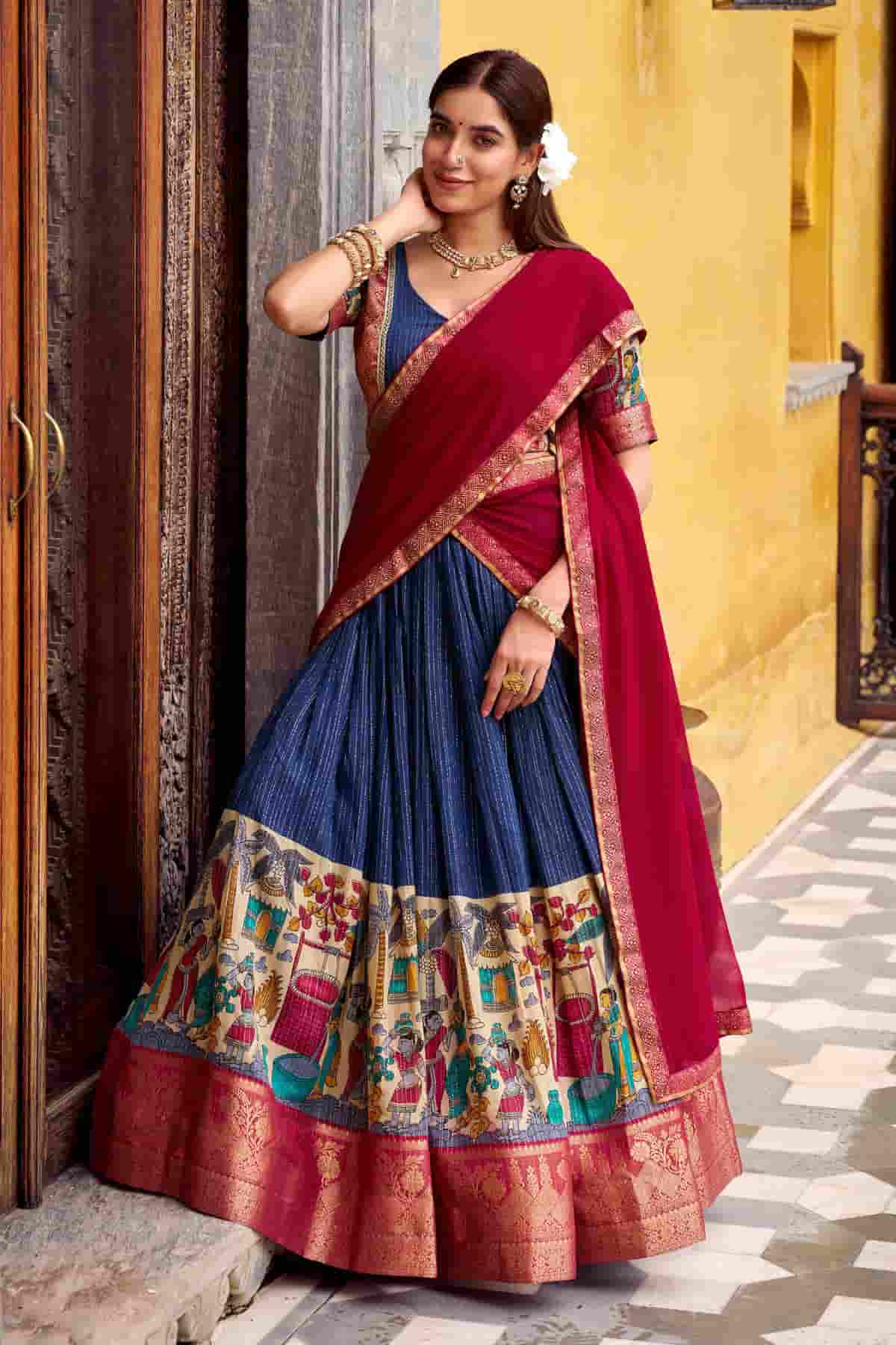 Chanderi Silk Zari Woven Work Lehenga Choli In Navy Blue Colour