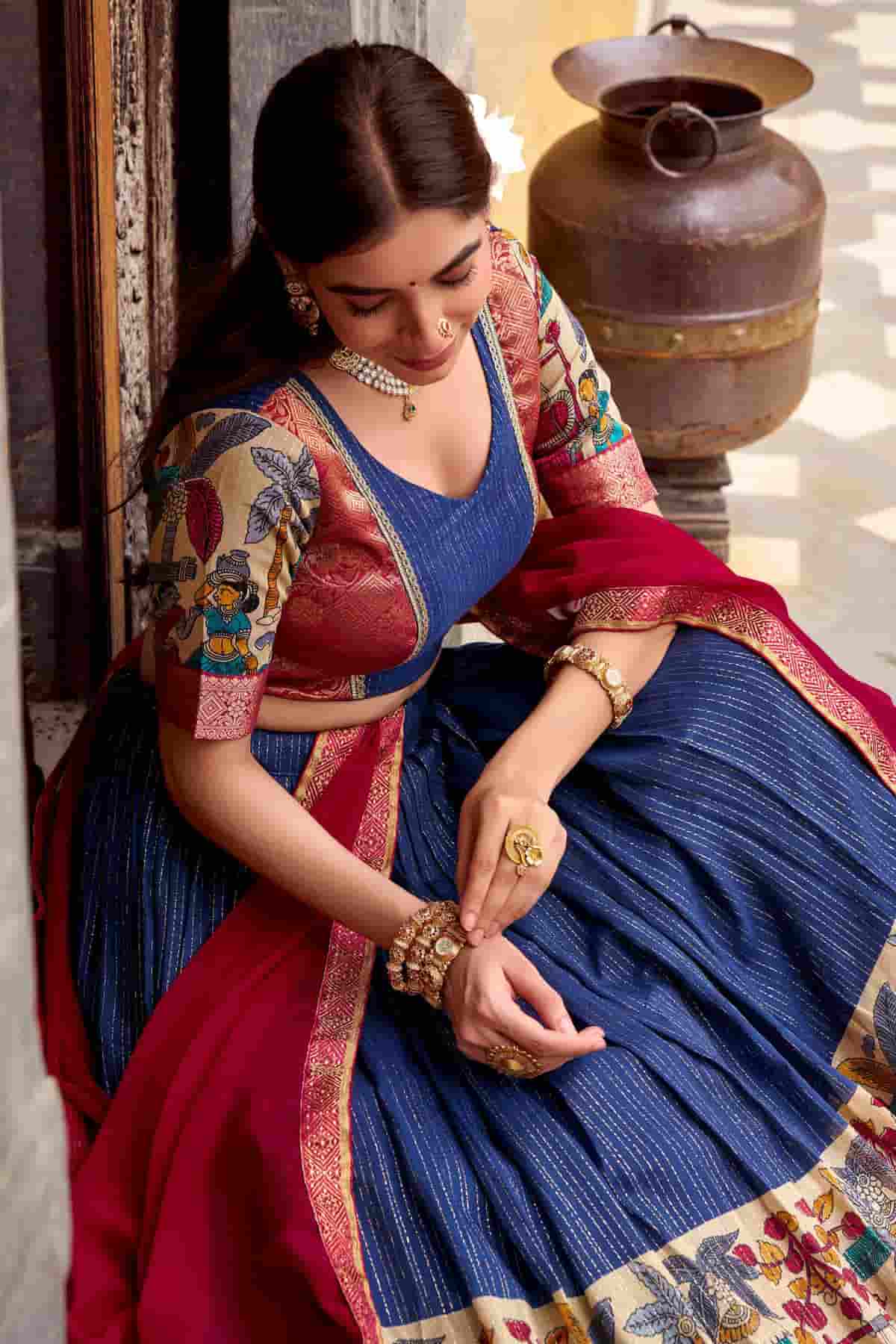 Chanderi Silk Zari Woven Work Lehenga Choli In Navy Blue Colour