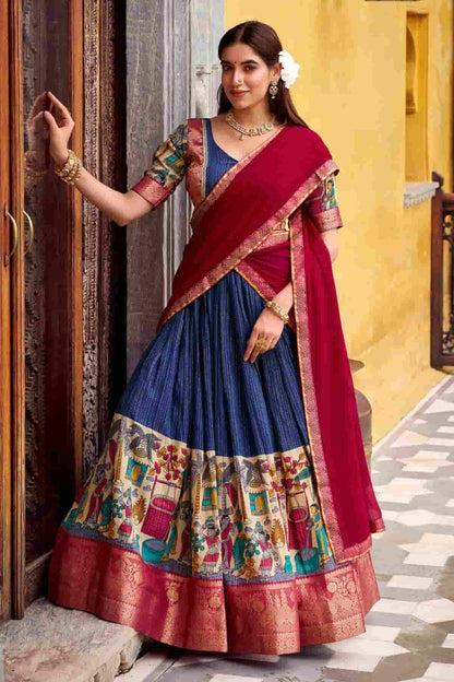 Chanderi Silk Zari Woven Work Lehenga Choli In Navy Blue Colour
