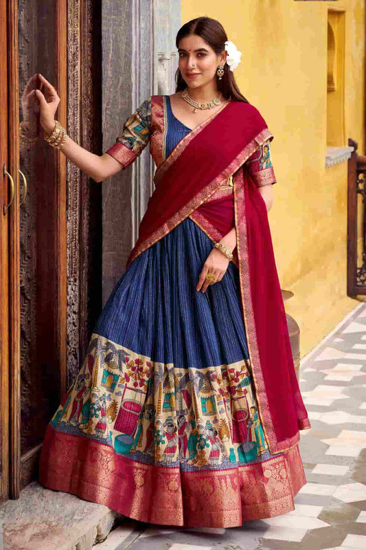 Chanderi Silk Zari Woven Work Lehenga Choli In Navy Blue Colour