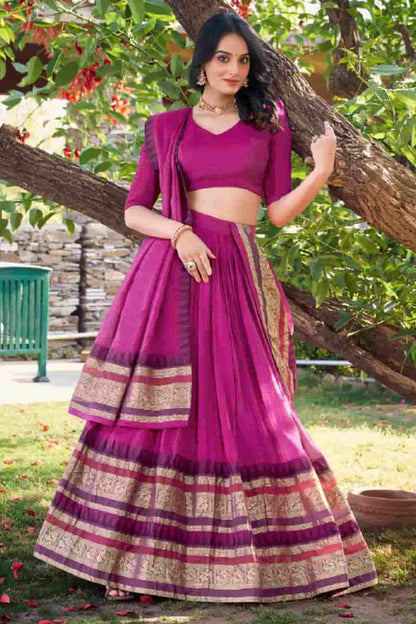 Chanderi Silk Zari Woven Work Lehenga Choli In Pink Colour