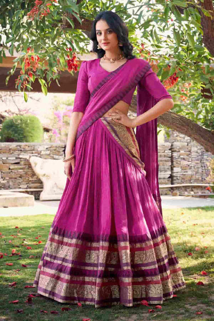 Chanderi Silk Zari Woven Work Lehenga Choli In Pink Colour