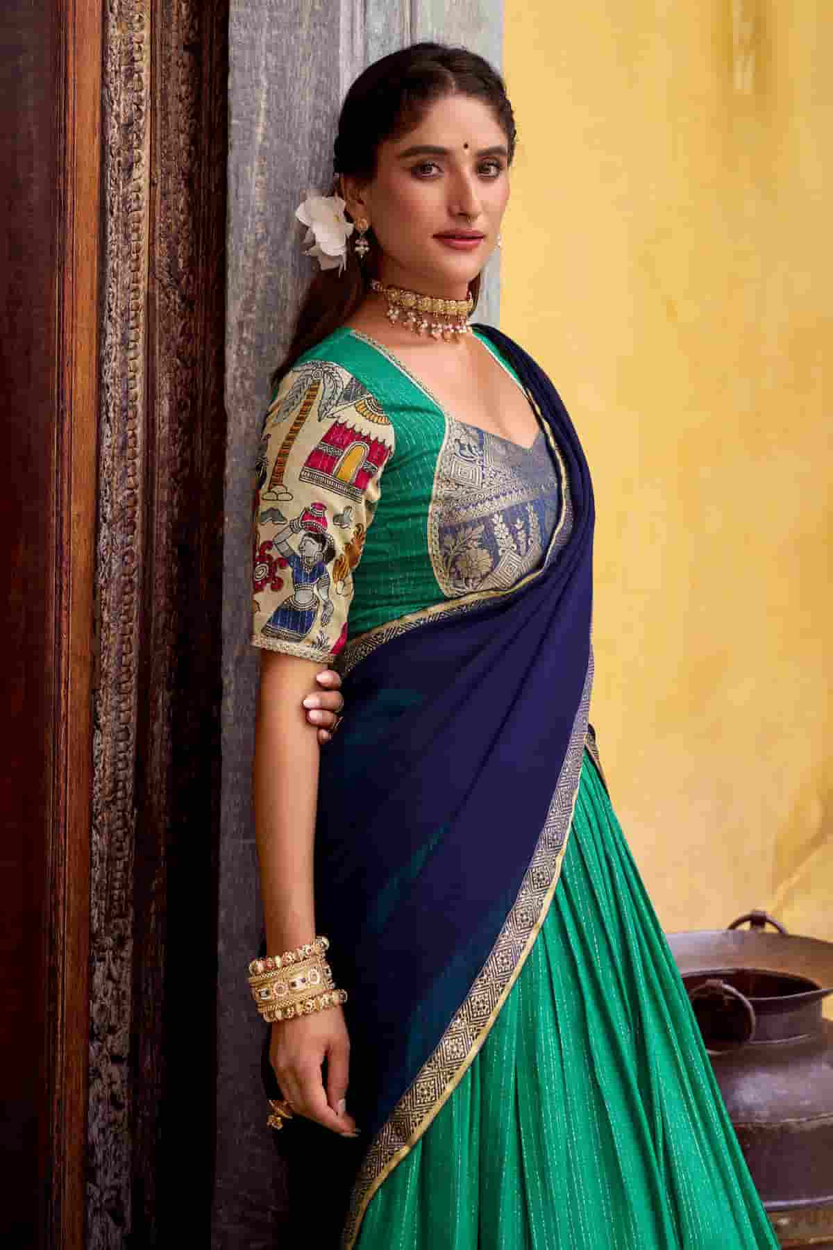 Chanderi Silk Zari Woven Work Lehenga Choli In Rama Green Colour