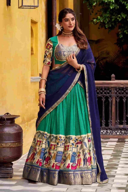 Chanderi Silk Zari Woven Work Lehenga Choli In Rama Green Colour