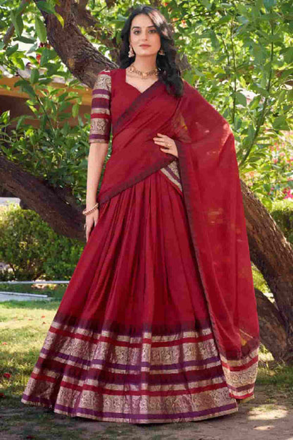 Chanderi Silk Zari Woven Work Lehenga Choli In Red Colour