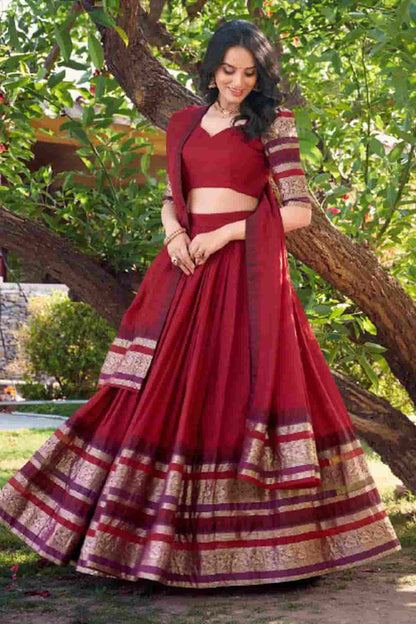 Chanderi Silk Zari Woven Work Lehenga Choli In Red Colour