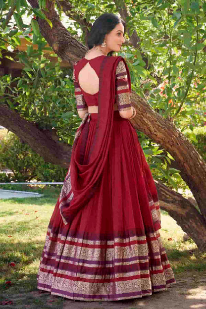 Chanderi Silk Zari Woven Work Lehenga Choli In Red Colour