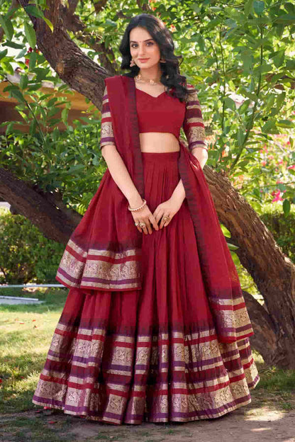 Chanderi Silk Zari Woven Work Lehenga Choli In Red Colour