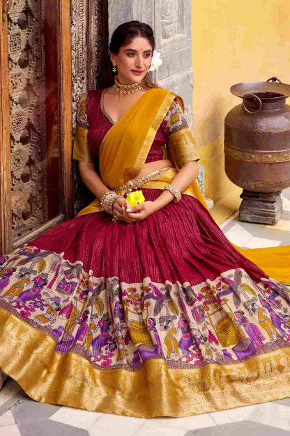Chanderi Silk Zari Woven Work Lehenga Choli In Red Colour