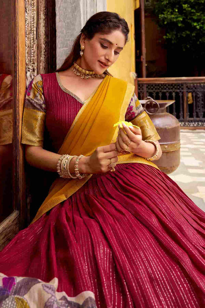 Chanderi Silk Zari Woven Work Lehenga Choli In Red Colour