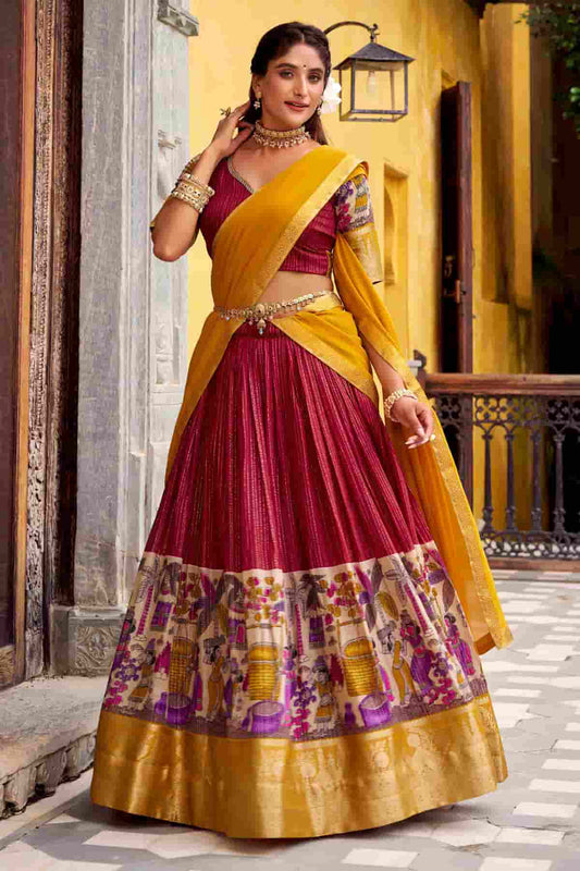 Chanderi Silk Zari Woven Work Lehenga Choli In Red Colour