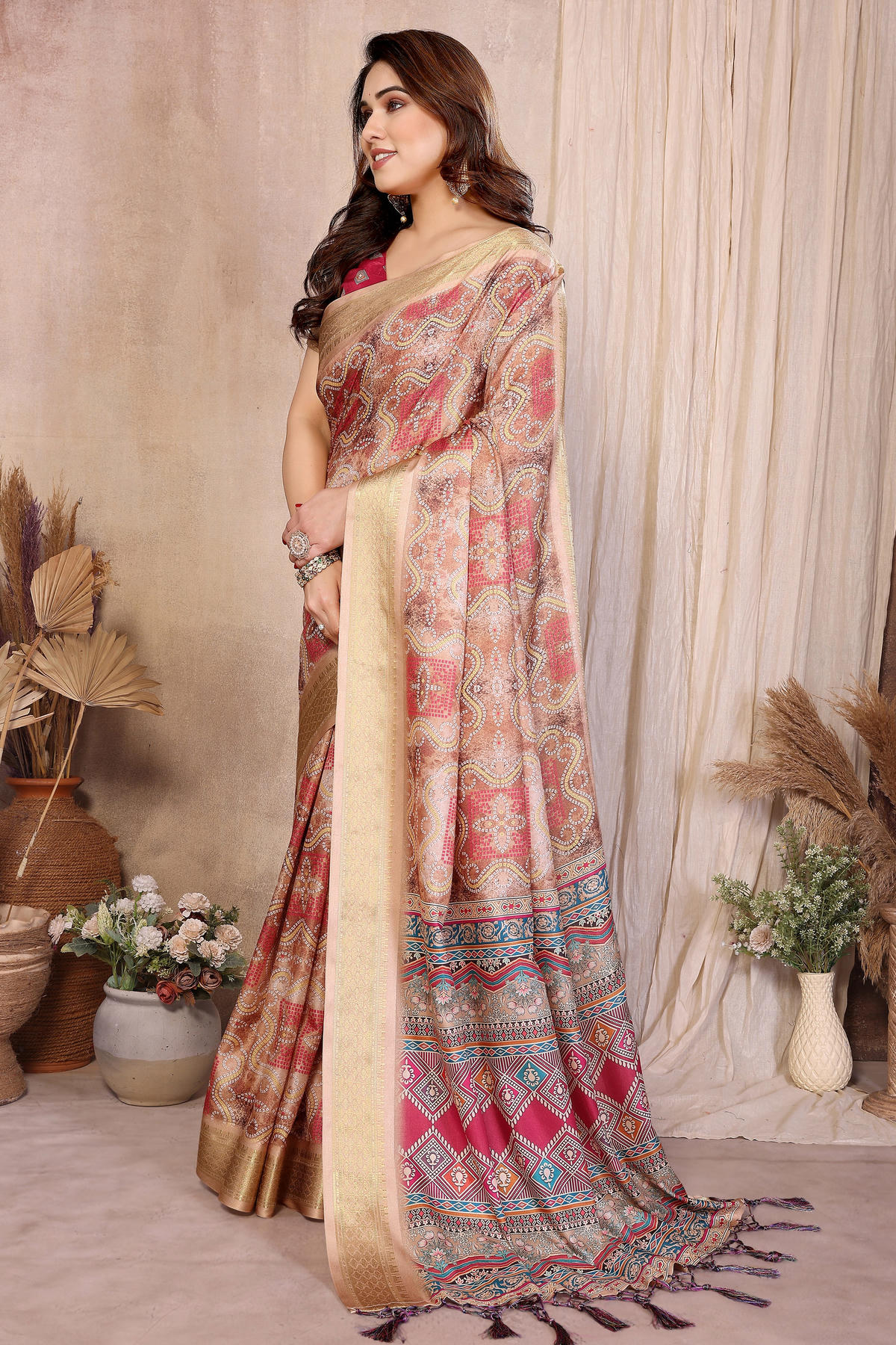 Chiku Pink Colour Cotton Silk Printed Saree