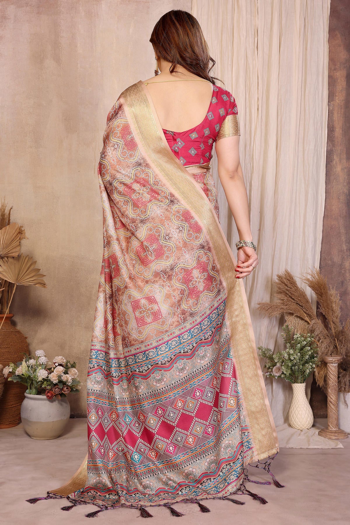 Chiku Pink Colour Cotton Silk Printed Saree