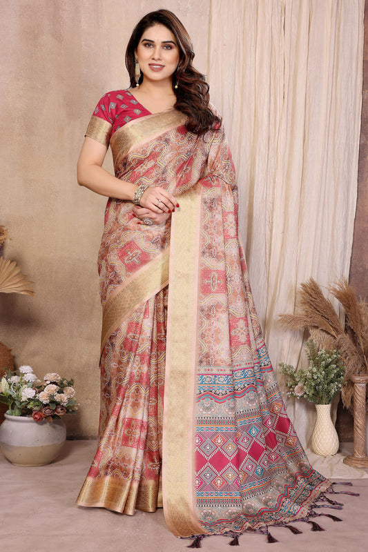 Chiku Pink Colour Cotton Silk Printed Saree