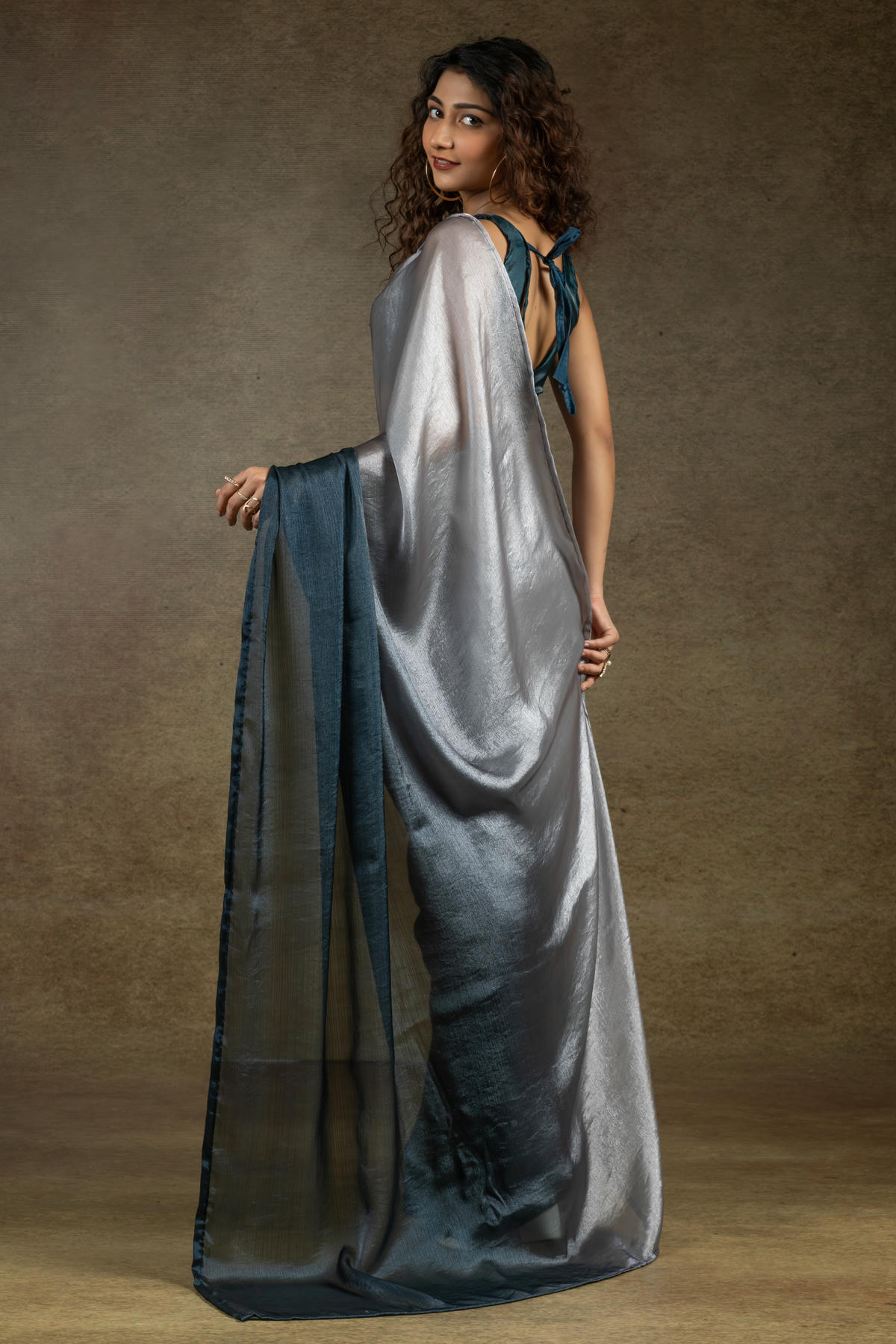 Chiku and Teal Colour Fendi Satin Silk Ready To Wear Saree